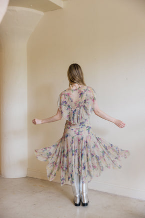1930s floral silk chiffon velvet gown