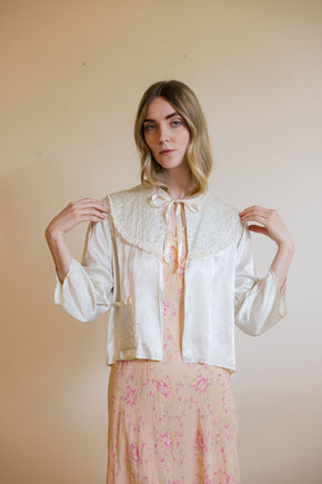 1930s blue silk quilted bed jacket
