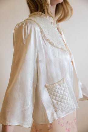 1930s blue silk quilted bed jacket