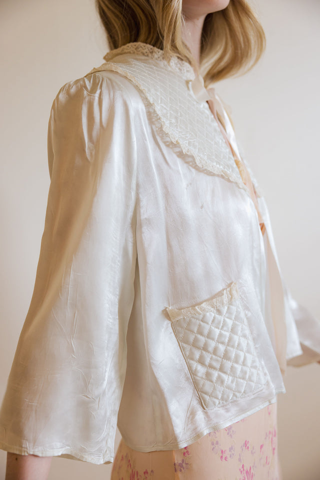 1930s blue silk quilted bed jacket