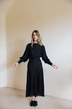 1930s black silk chiffon batwing glass beaded dress