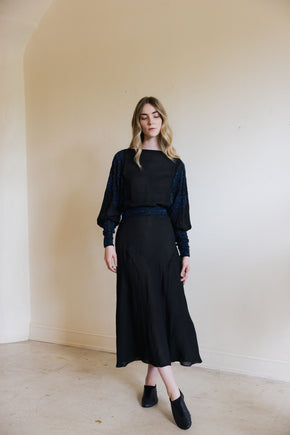 1930s black silk chiffon batwing glass beaded dress