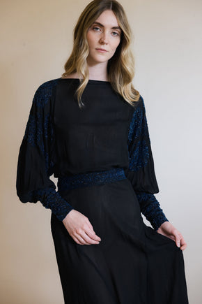 1930s black silk chiffon batwing glass beaded dress