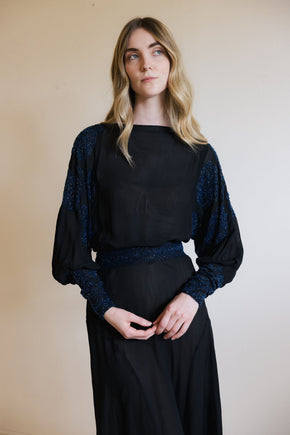 1930s black silk chiffon batwing glass beaded dress