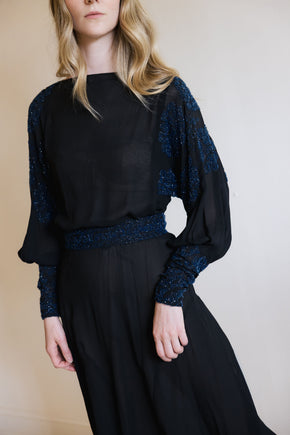1930s black silk chiffon batwing glass beaded dress