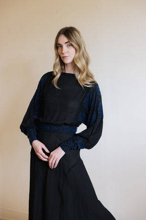 1930s black silk chiffon batwing glass beaded dress