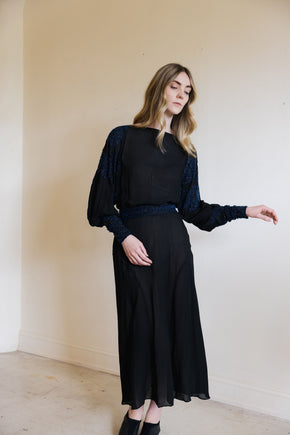 1930s black silk chiffon batwing glass beaded dress