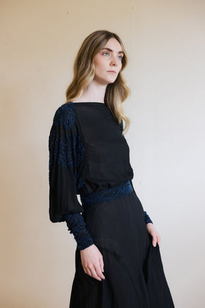 1930s black silk chiffon batwing glass beaded dress