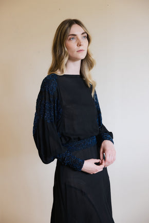 1930s black silk chiffon batwing glass beaded dress