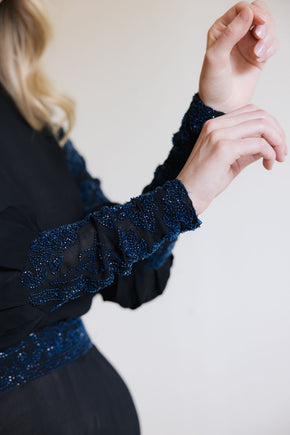 1930s black silk chiffon batwing glass beaded dress
