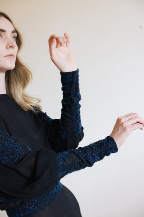 1930s black silk chiffon batwing glass beaded dress