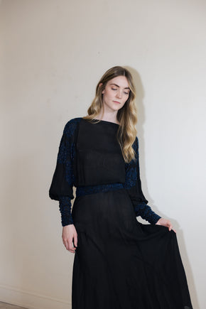 1930s black silk chiffon batwing glass beaded dress