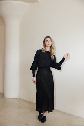 1930s black silk chiffon batwing glass beaded dress