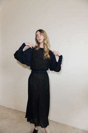 1930s black silk chiffon batwing glass beaded dress