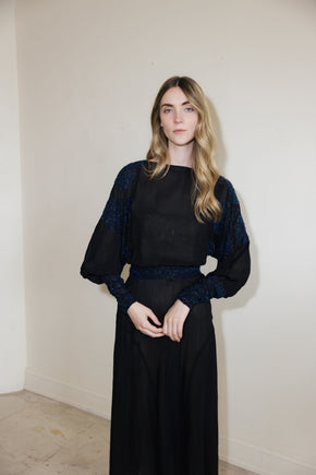 1930s black silk chiffon batwing glass beaded dress