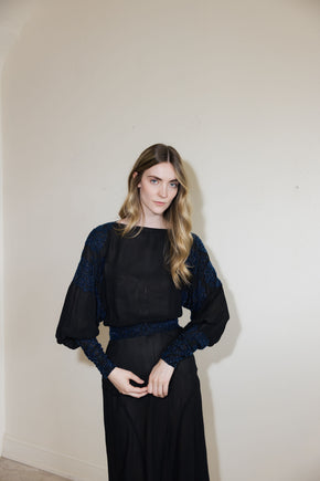 1930s black silk chiffon batwing glass beaded dress