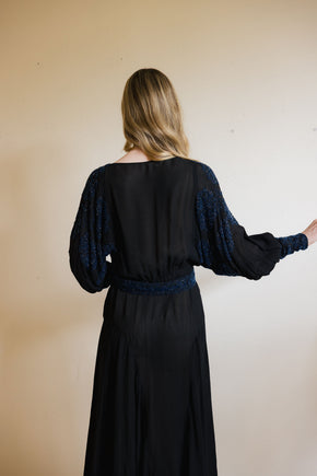1930s black silk chiffon batwing glass beaded dress
