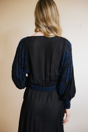 1930s black silk chiffon batwing glass beaded dress