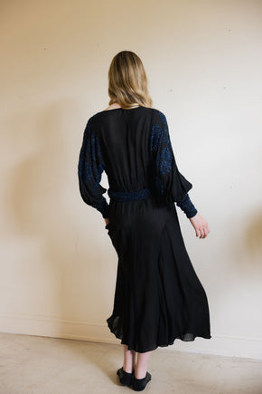 1930s black silk chiffon batwing glass beaded dress