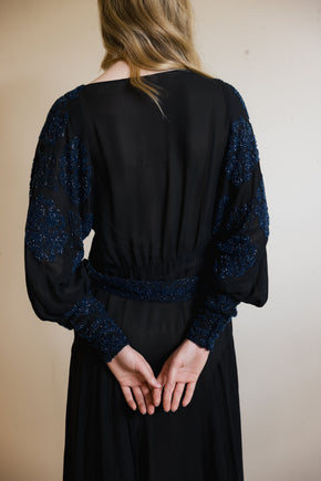 1930s black silk chiffon batwing glass beaded dress
