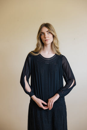 1920s silk Crepe beaded split sleeve gown