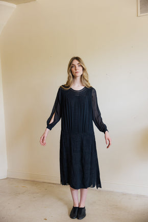 1920s silk Crepe beaded split sleeve gown