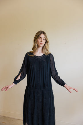 1920s silk Crepe beaded split sleeve gown