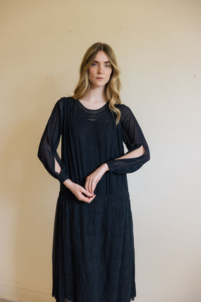 1920s silk Crepe beaded split sleeve gown