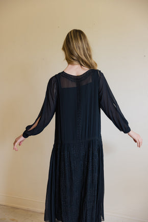 1920s silk Crepe beaded split sleeve gown