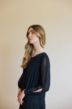 1920s silk Crepe beaded split sleeve gown