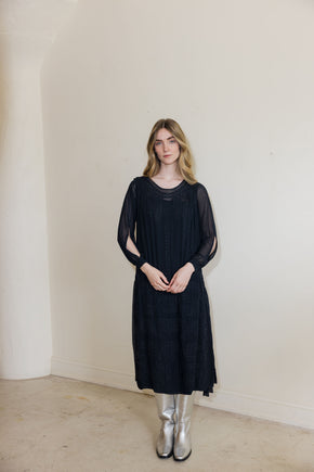 1920s silk Crepe beaded split sleeve gown