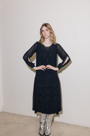 1920s silk Crepe beaded split sleeve gown
