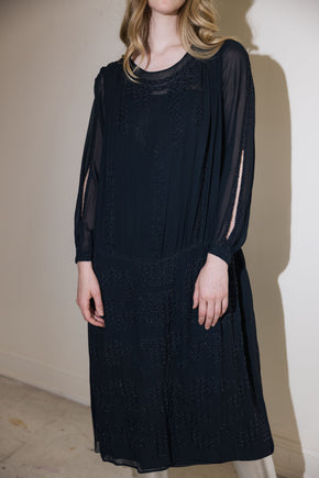1920s silk Crepe beaded split sleeve gown