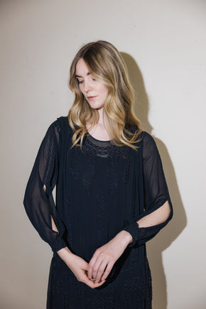 1920s silk Crepe beaded split sleeve gown