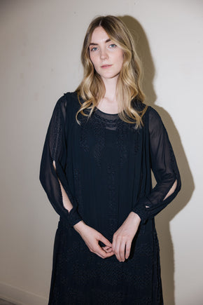 1920s silk Crepe beaded split sleeve gown