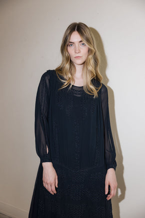 1920s silk Crepe beaded split sleeve gown