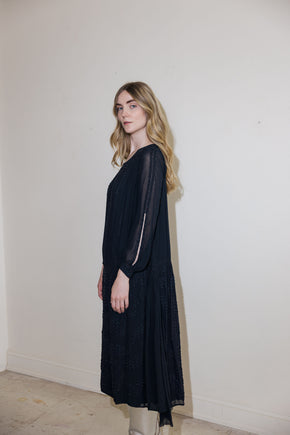 1920s silk Crepe beaded split sleeve gown