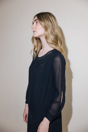 1920s silk Crepe beaded split sleeve gown