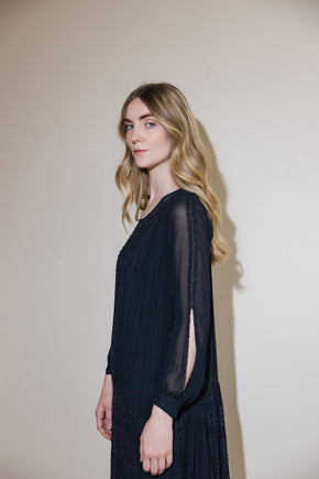 1920s silk Crepe beaded split sleeve gown