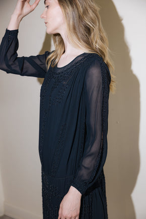 1920s silk Crepe beaded split sleeve gown