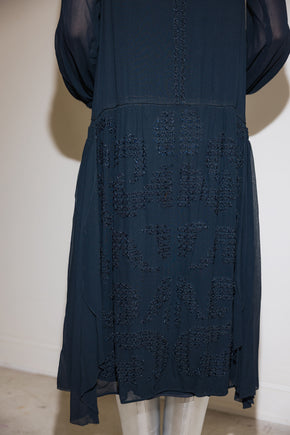 1920s silk Crepe beaded split sleeve gown