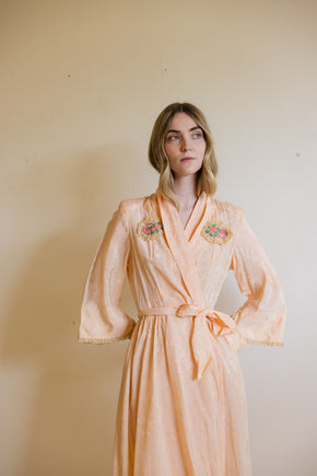 1930s art deco damask silk robe with felt adornments