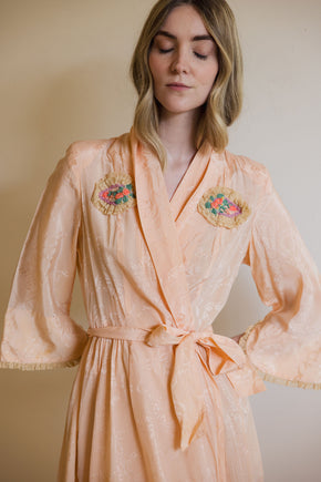 1930s art deco damask silk robe with felt adornments