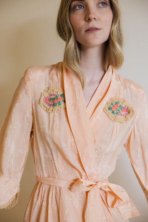 1930s art deco damask silk robe with felt adornments