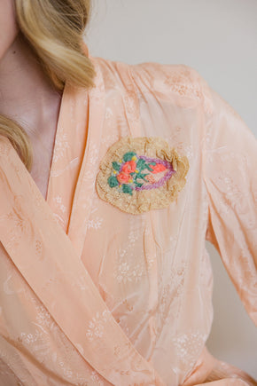 1930s art deco damask silk robe with felt adornments