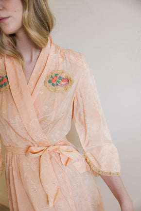 1930s art deco damask silk robe with felt adornments