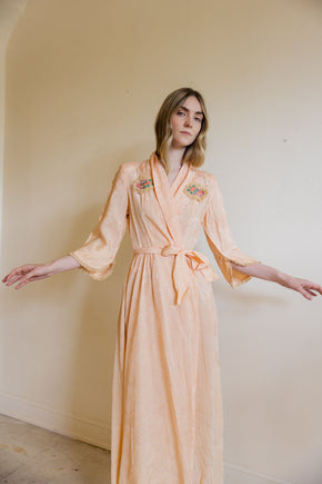1930s art deco damask silk robe with felt adornments
