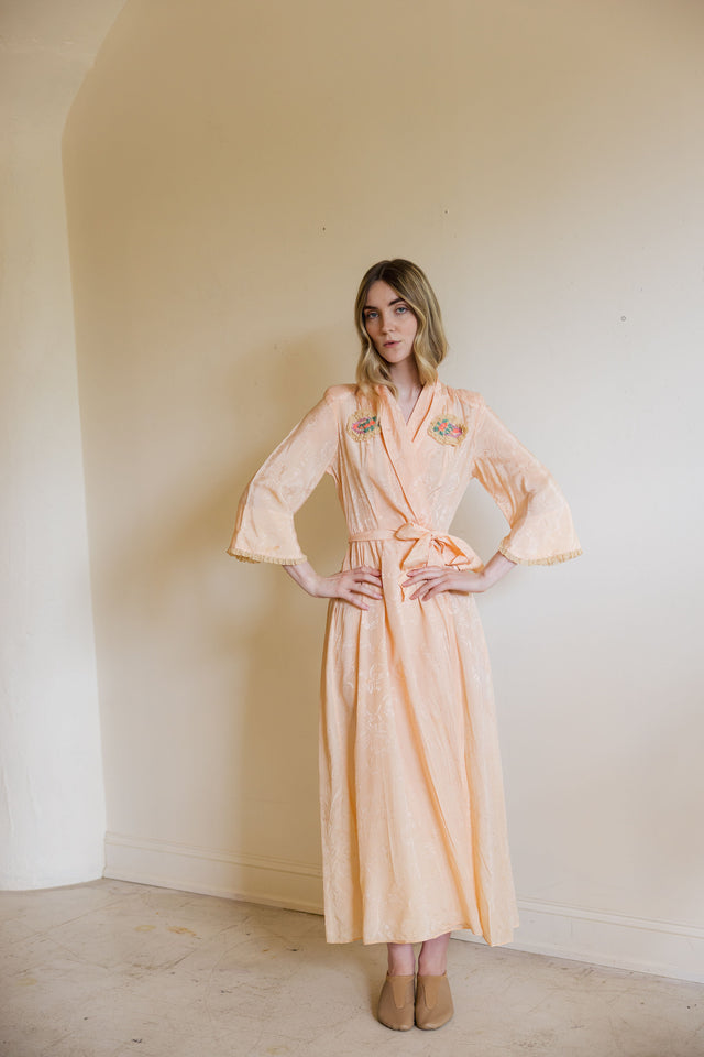 1930s art deco damask silk robe with felt adornments