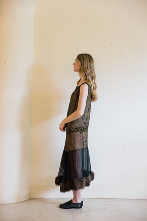 1920s silk chiffon lamé rabbit fur gown, Paris