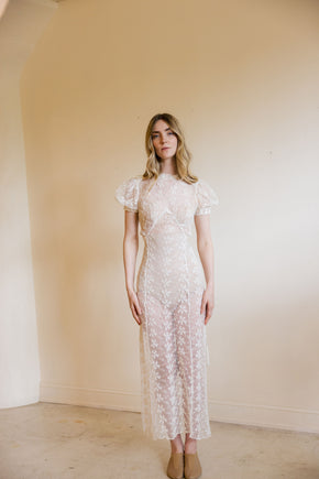 1930s ivory lace puff sleeve gown